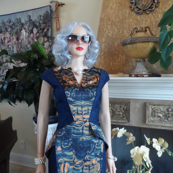 New Fotini Navy Blue Lace Dress w/Orange-Blue Abstract Print Inserts Size 8 - Picture 5 of 16